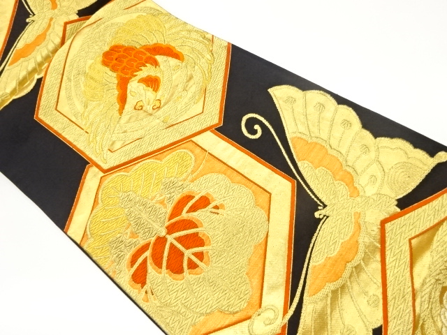 亀甲・蝶に鳳凰・桐松模様織出し袋帯